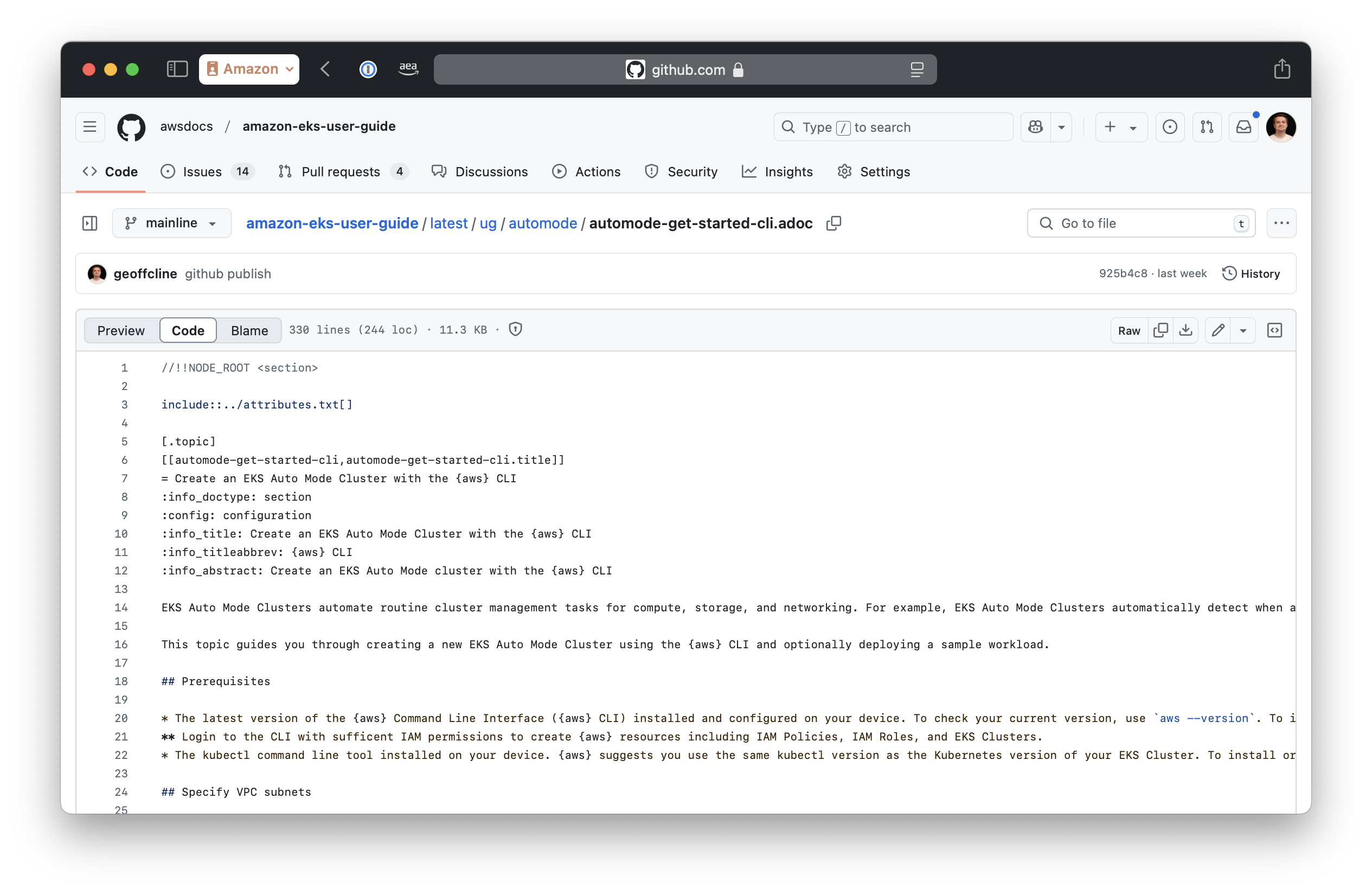 View of GitHub web edit interface